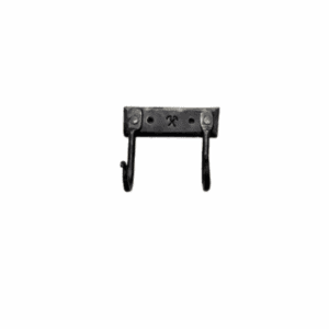 Hand-forged black steel coat rack with six hooks mounted on a wall